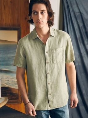 FLAX Men’s Linen Relaxed Fit Button Front Camp Shirt Green L